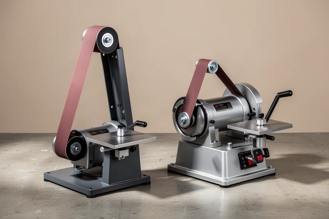 Two benchtop belt grinders side by side on a concrete workshop surface