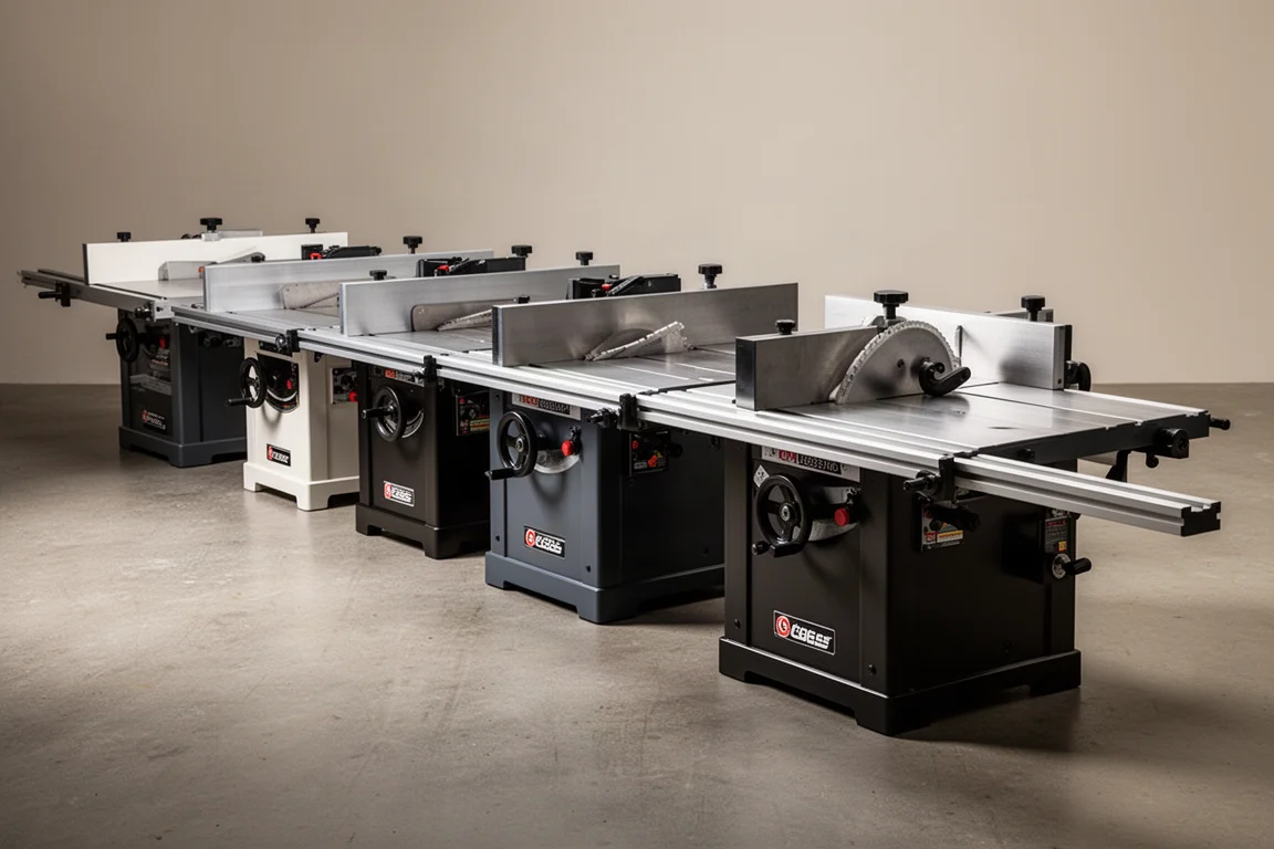 Row of compact benchtop jointers on a concrete workshop floor