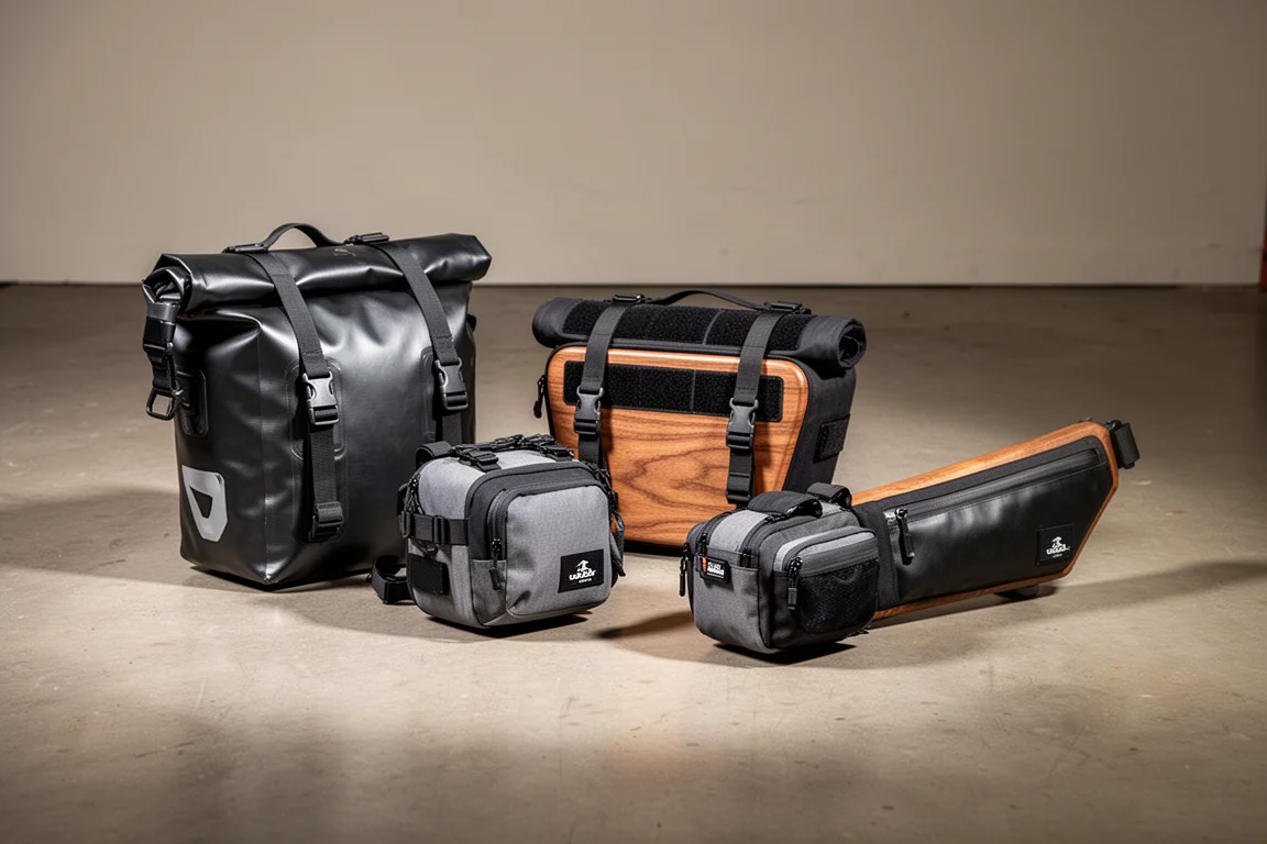 Assorted bikepacking bags arranged on a concrete garage floor