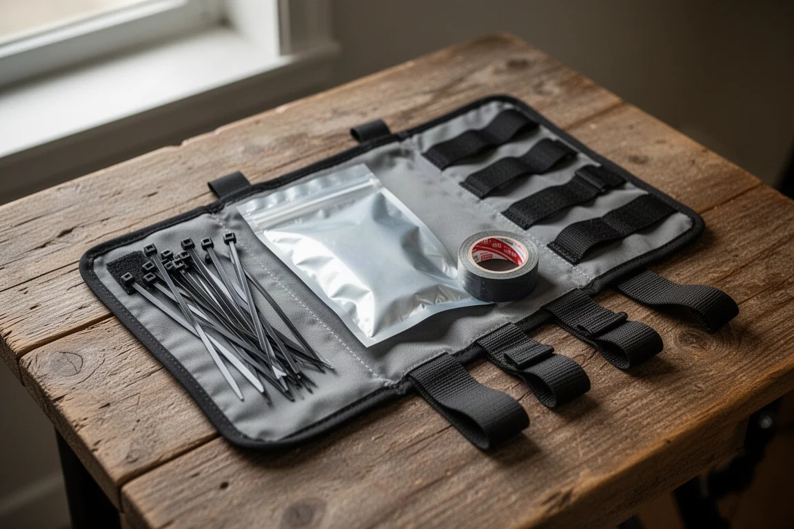 Flach gelegte Bikepacking-Werkzeuge mit Kabelbindern, Klebeband und Gurtbändern auf einem Holztisch