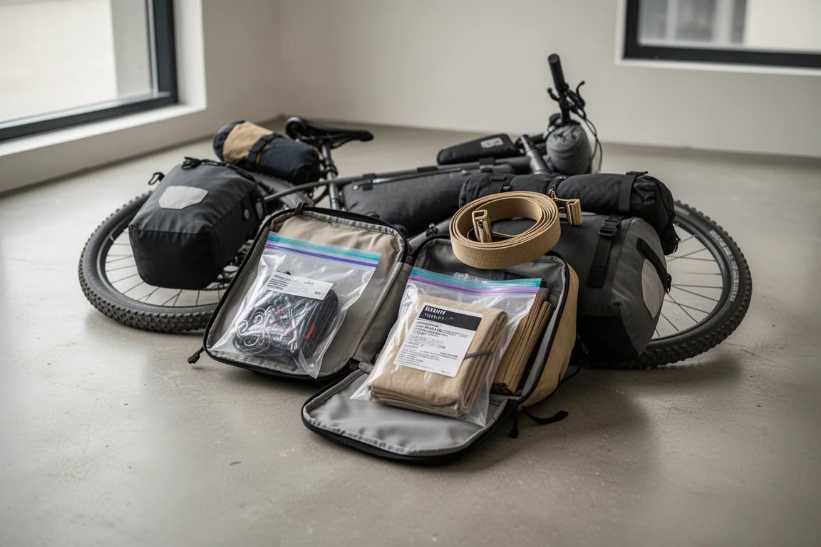 Bikepacking-Rad mit geöffneten Packtaschen und ausgelegter Packausrüstung auf einem Betonboden