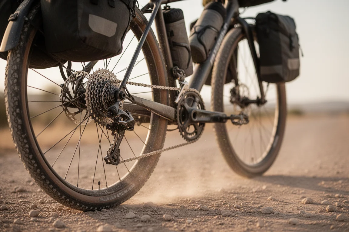 Primer plano de la transmisión y la rueda trasera de una bicicleta de cicloturismo cargada en una pista de grava