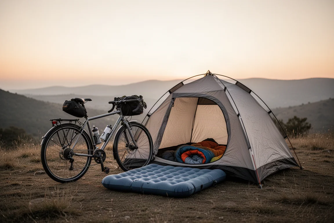 Tienda pequeña y bicicleta de cicloturismo en un vivac al atardecer con una esterilla visible