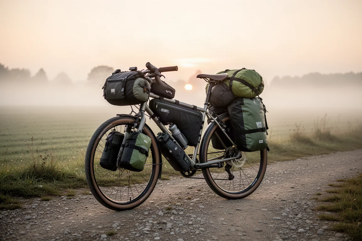 Bicicleta de cicloturismo cargada con bolsas de cuadro y bolsas estancas en una pista de grava al amanecer