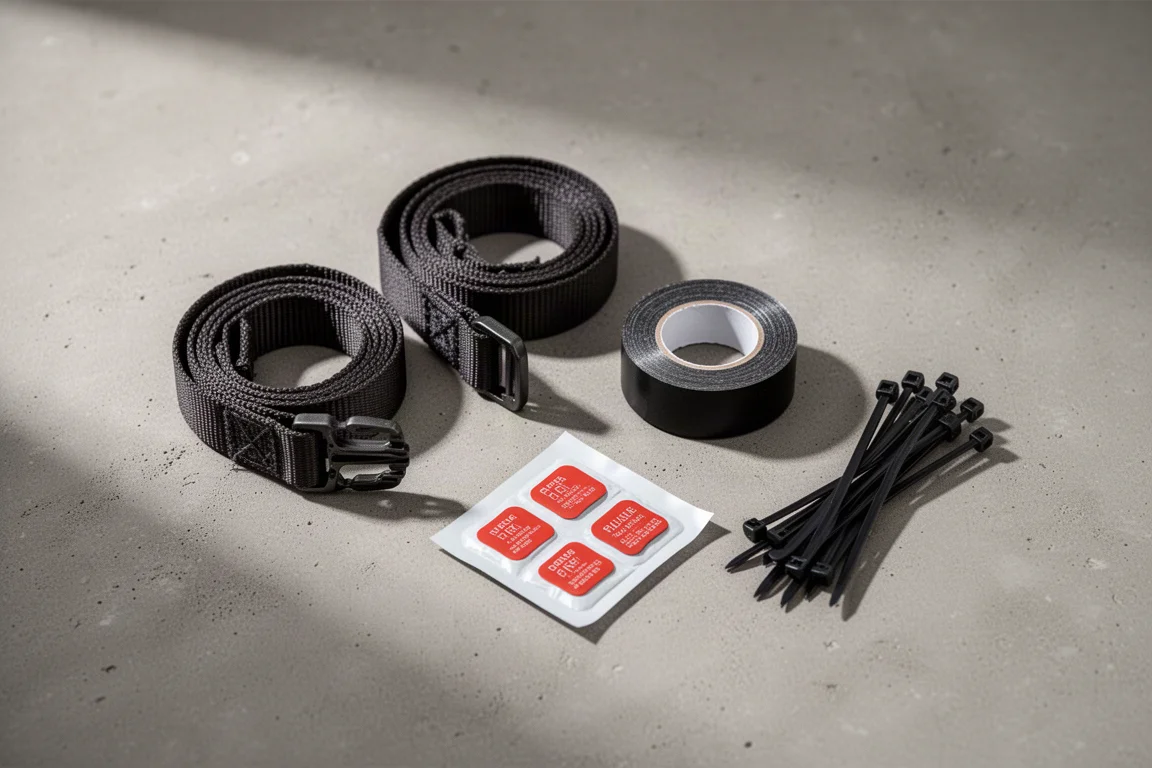 Budget bikepacking essentials arranged on concrete: straps, repair tape, patch kit and cable ties