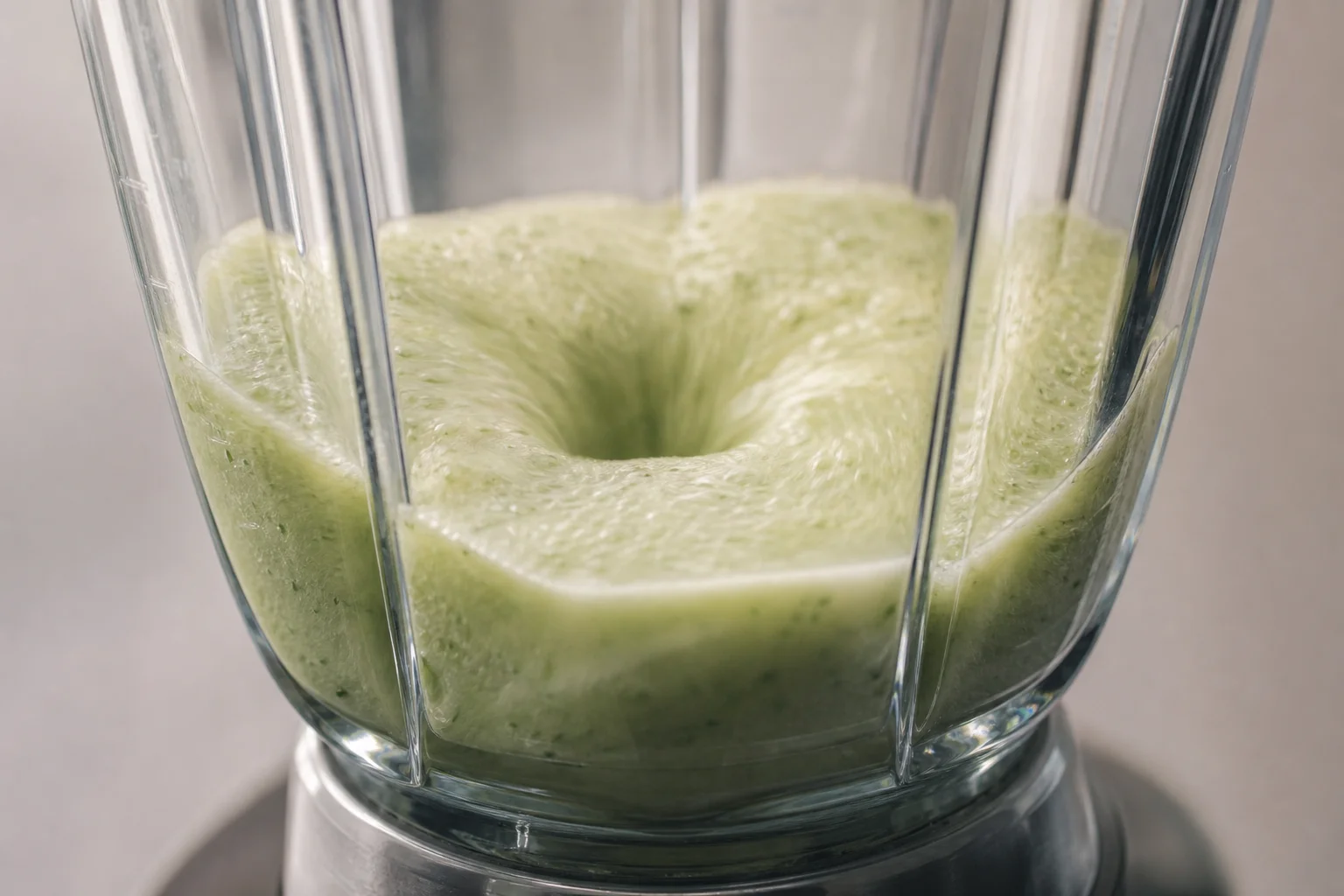 Nahaufnahme des Inneren eines Mixbehälters mit Rippen und konischem Design am Boden