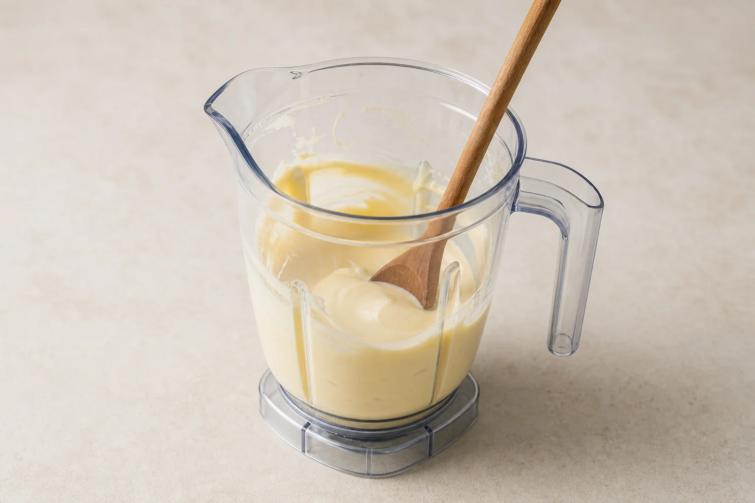 Selbstgemachte Mayonnaise in einem Mixbehälter mit einem Holzlöffel