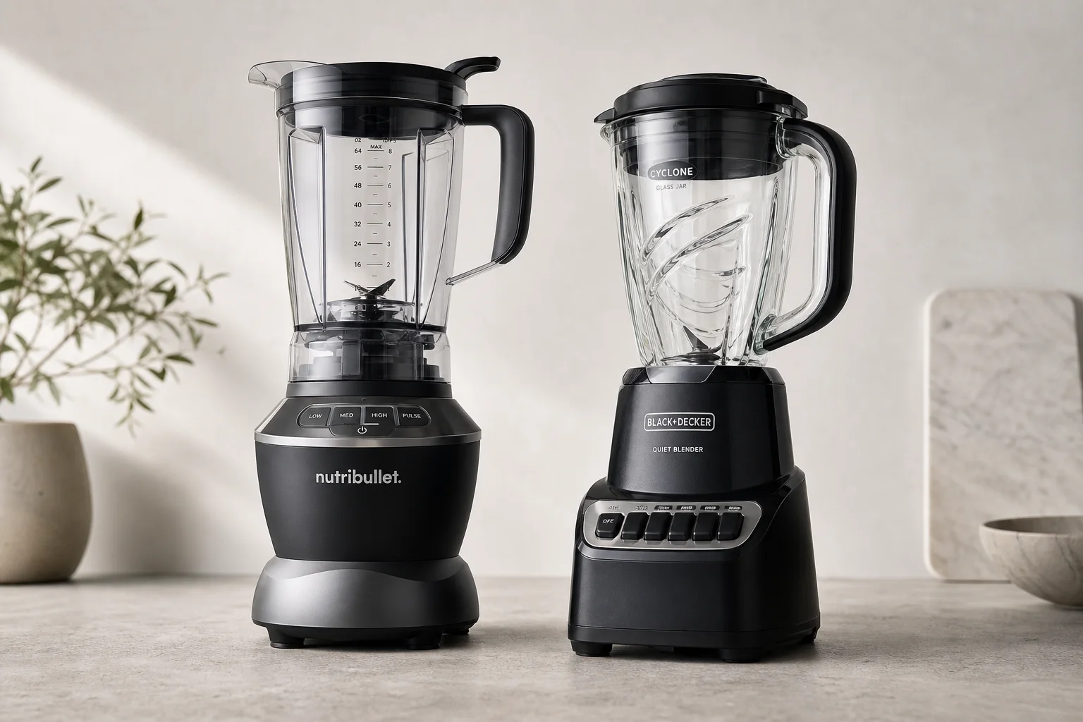 NutriBullet Full Size Blender and BLACK+DECKER Quiet Blender side by side on concrete