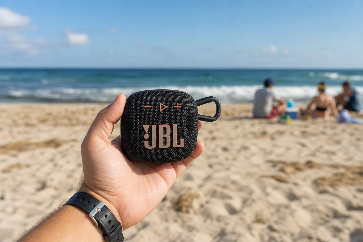 Persona sosteniendo un altavoz portátil diminuto en una reunión en la playa