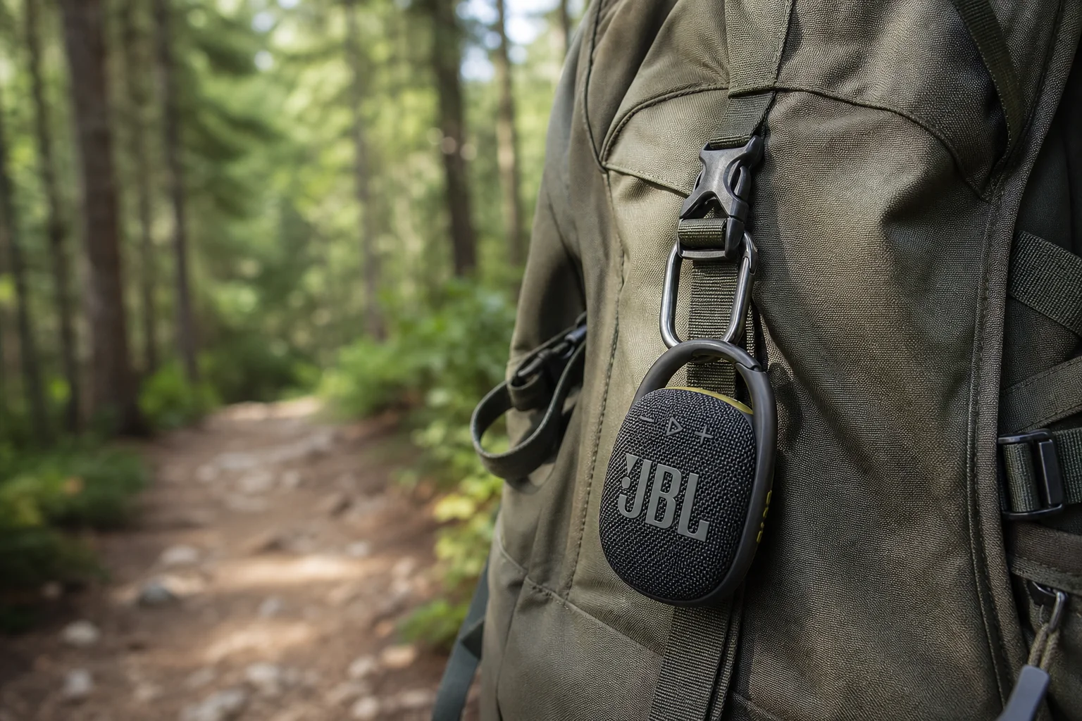 Altavoz compacto montado en la correa de una mochila en un bosque