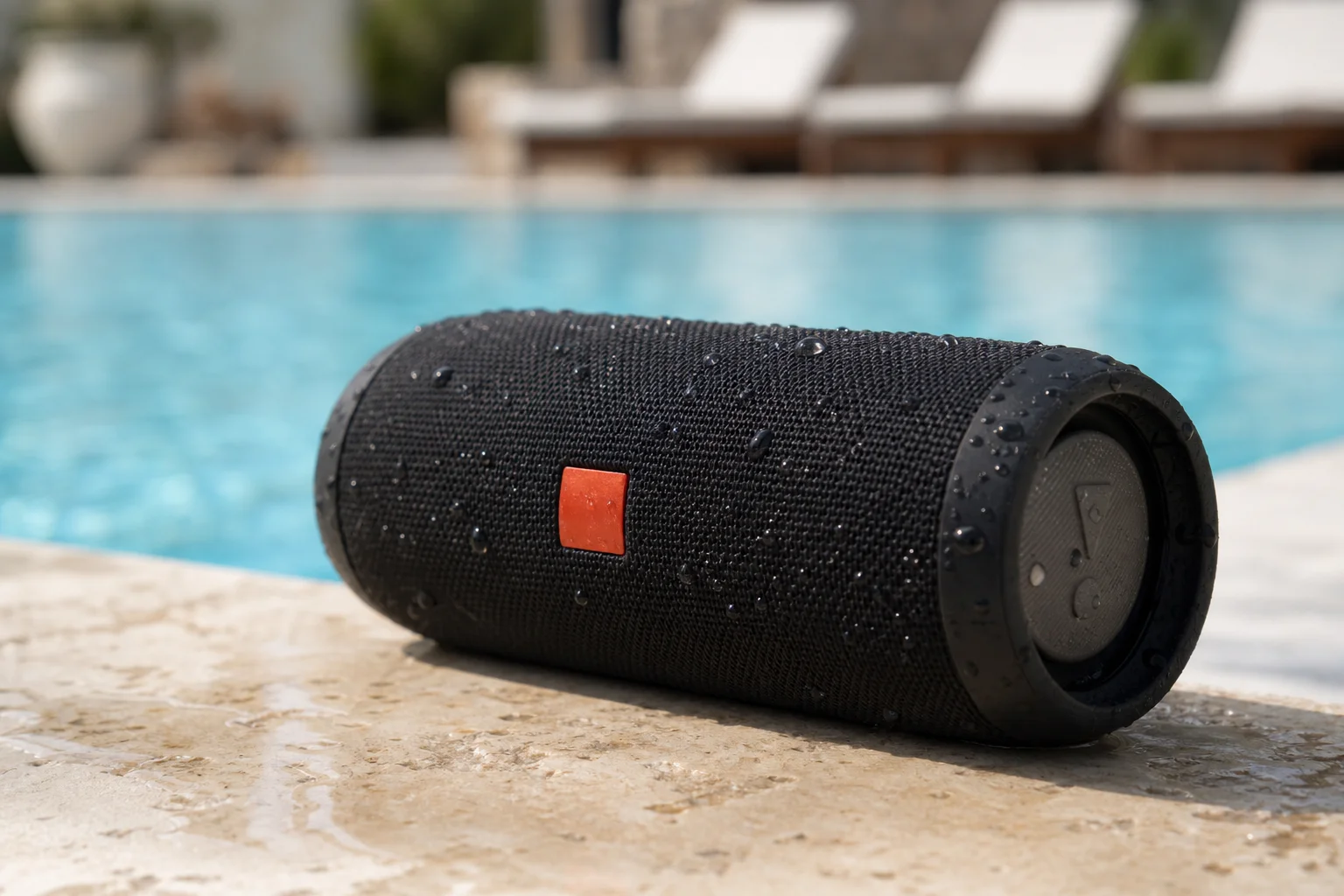 Altavoz resistente al agua junto a una piscina con gotas de agua en la superficie