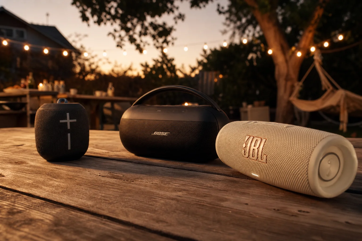 Varios altavoces Bluetooth en una mesa de picnic en una reunión en el jardín