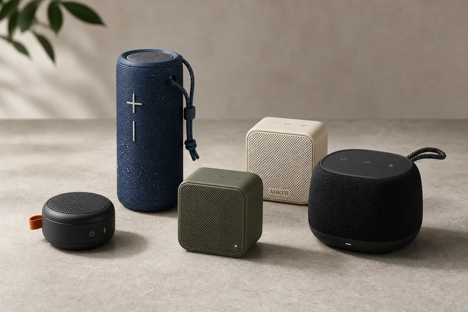 Cinco altavoces Bluetooth económicos dispuestos sobre una superficie de hormigón