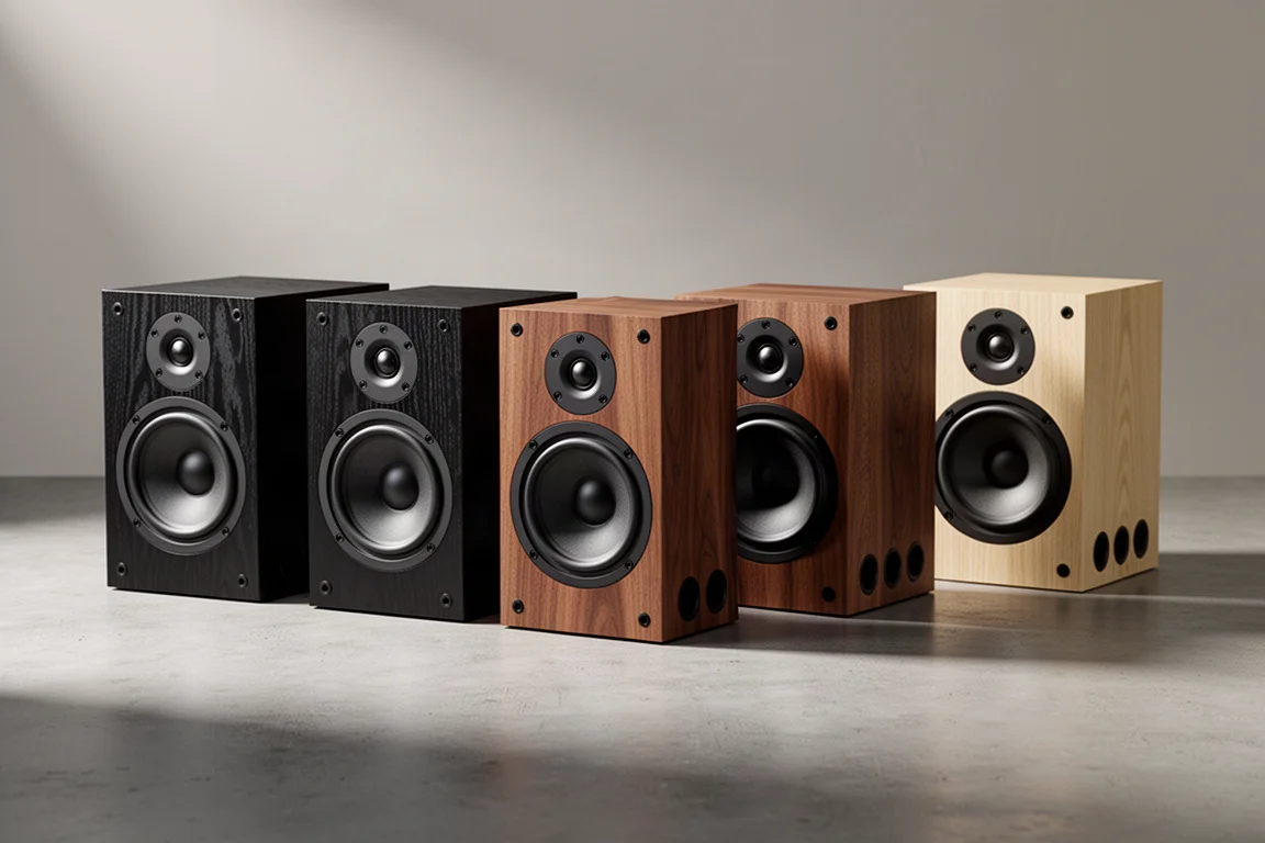 Five pairs of compact bookshelf speakers lined up on a concrete surface