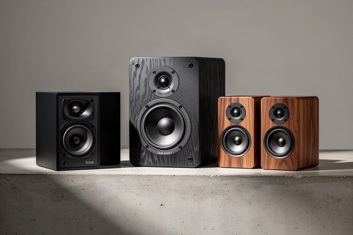 Three passive bookshelf speakers of different sizes arranged on a concrete ledge