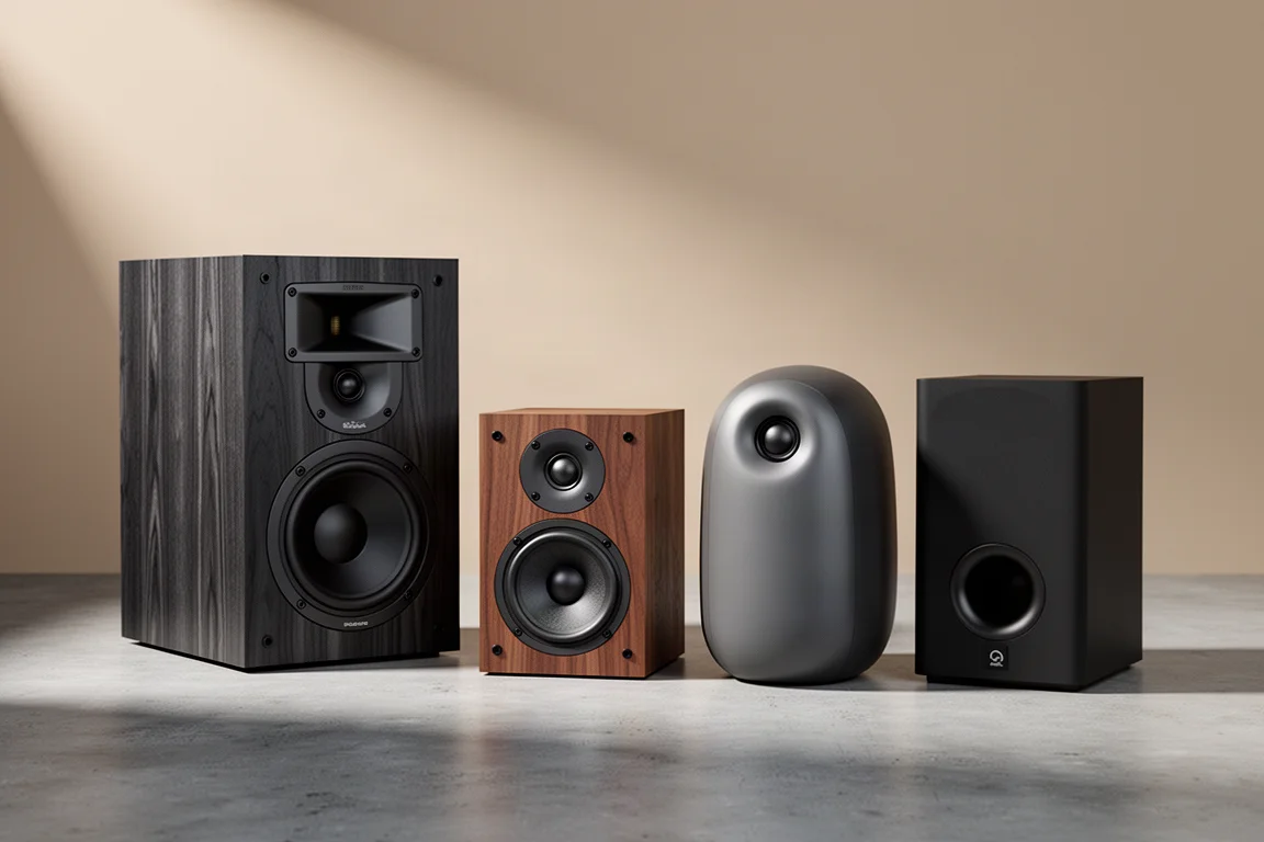 Four budget bookshelf speakers arranged on a matte concrete surface in soft studio light