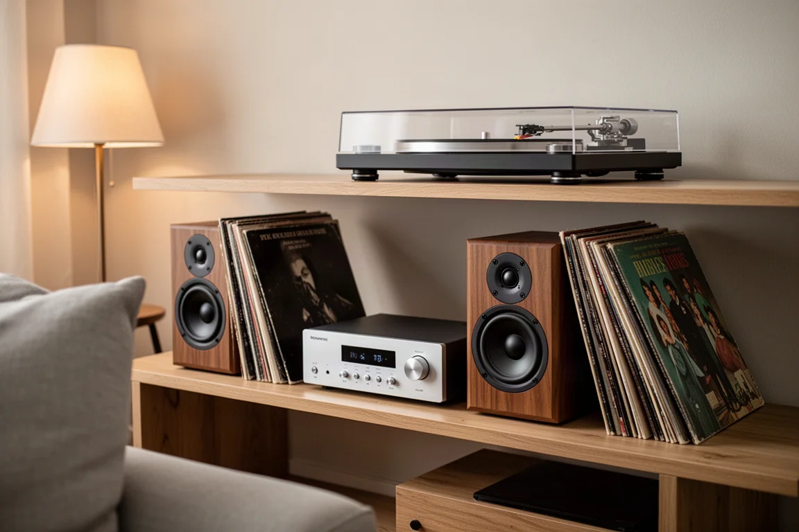 Chaîne hi-fi compacte sur une étagère en bois dans un salon à l'éclairage doux