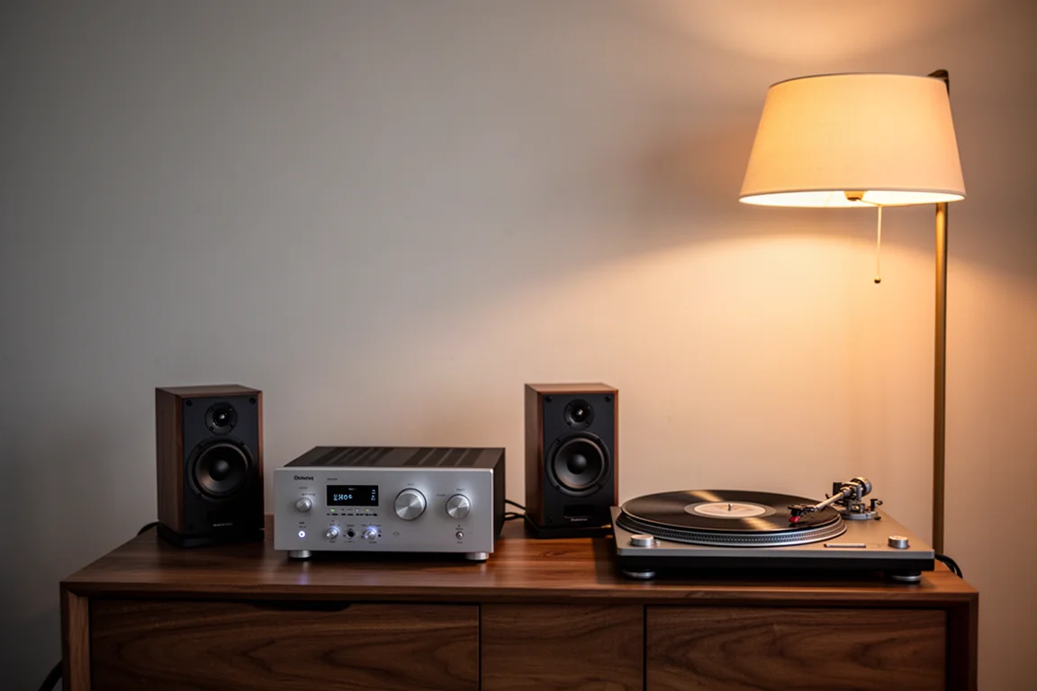 Petite pièce d'écoute au crépuscule avec un amplificateur compact, des enceintes et une platine vinyle