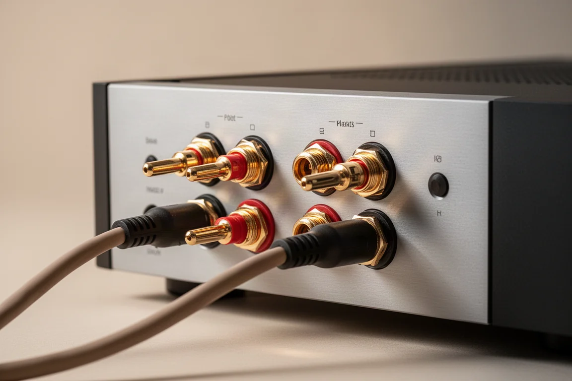 Gros plan sur les bornes d'enceintes du panneau arrière d'un amplificateur compact