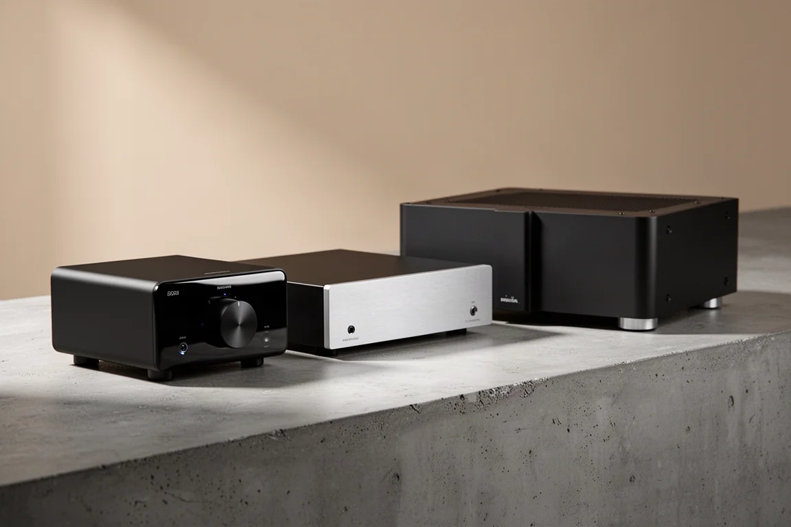 Three compact integrated amplifiers arranged on a concrete surface in soft studio light