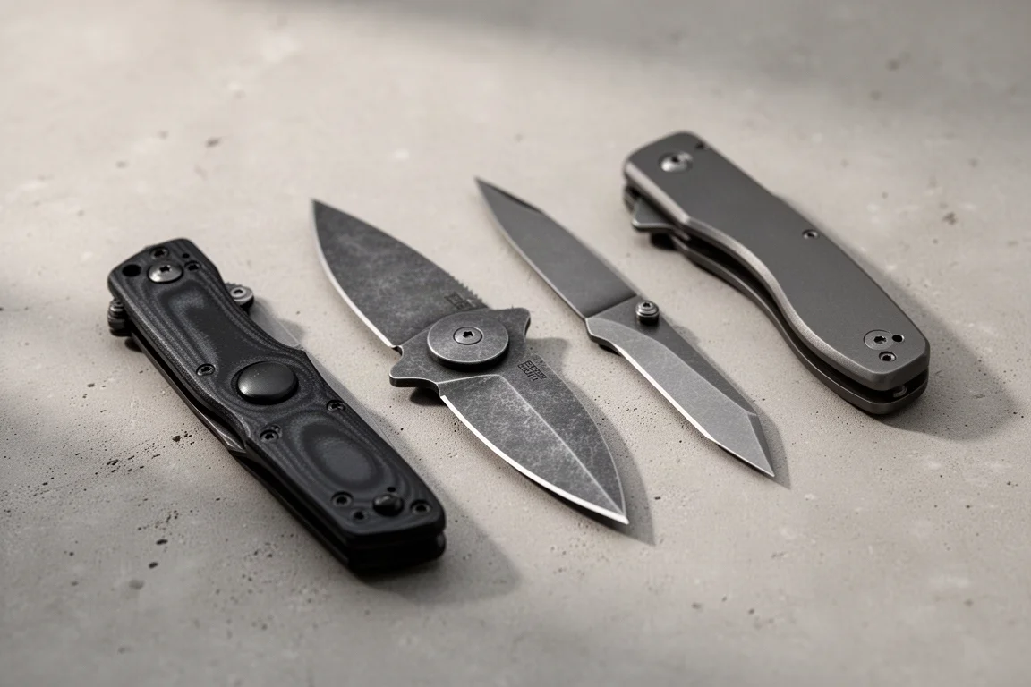 Four folding button lock pocket knives arranged on a concrete surface