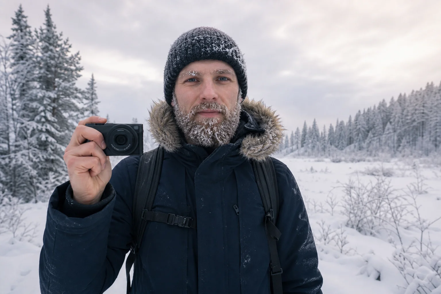 Photographer holding compact camera in snowy outdoor setting