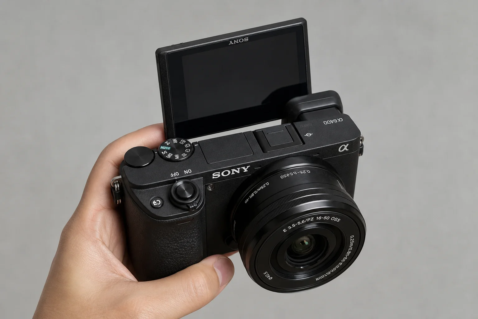 Sony A6400 mirrorless camera on neutral grey backdrop