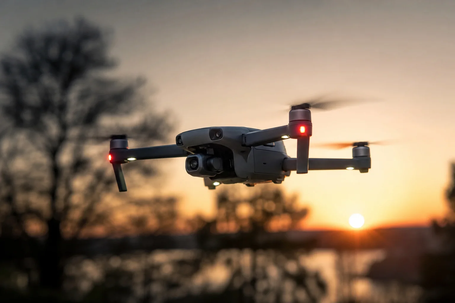 Drone with LED lights illuminated during evening flight