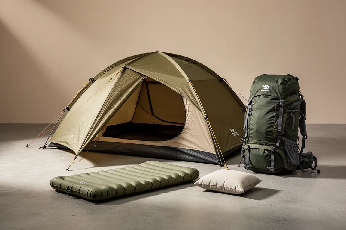 Budget camping kit with a pitched tent, sleeping pad, pillow and hiking backpack on concrete