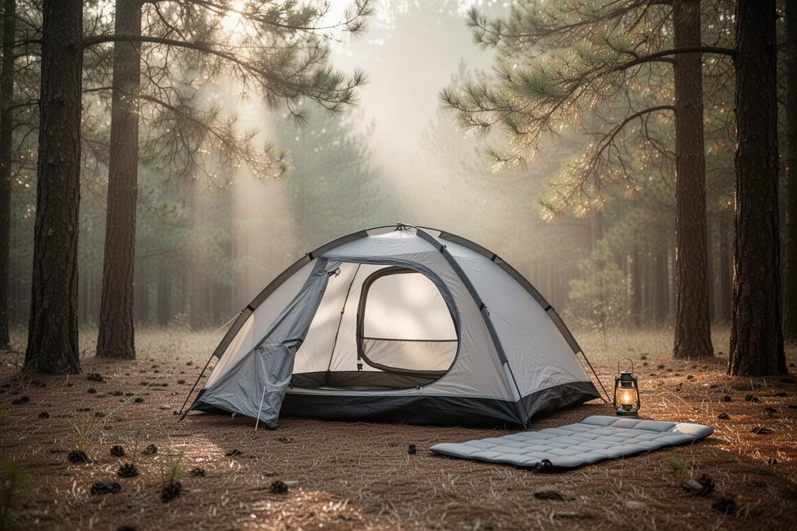 Tienda pequeña para dos personas montada en un claro del bosque con luz matinal