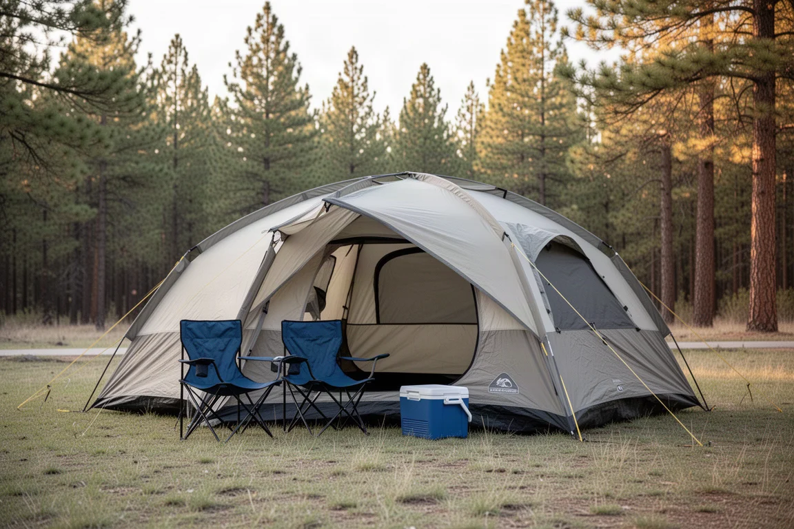 Tienda domo grande para seis personas en un camping con sillas y nevera