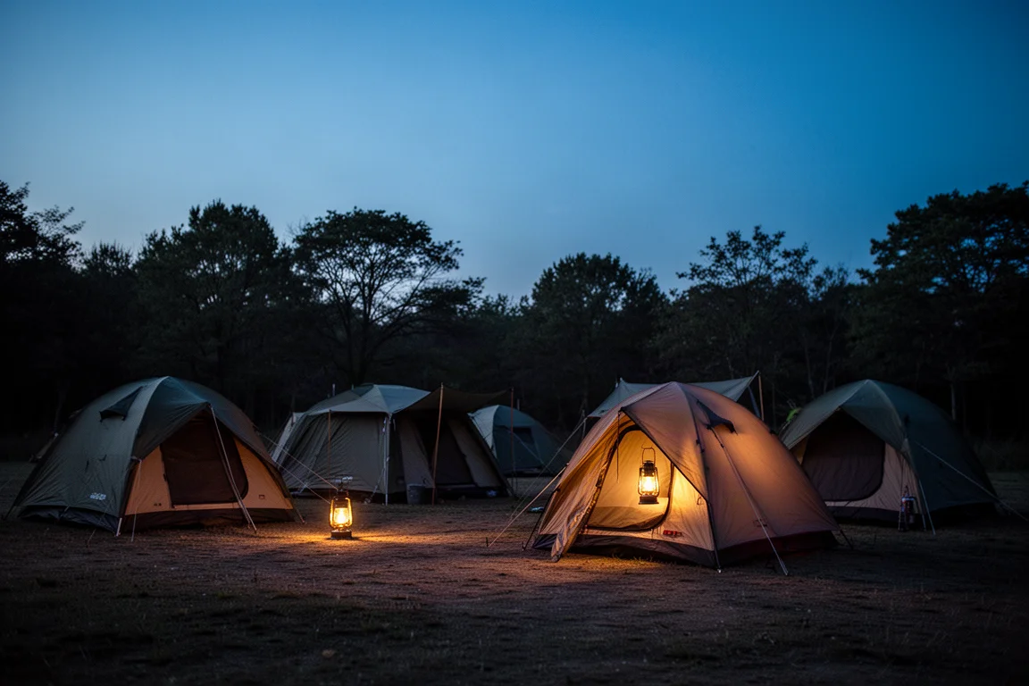 Camping al anochecer con tiendas de distintos tamaños y luz cálida de farol