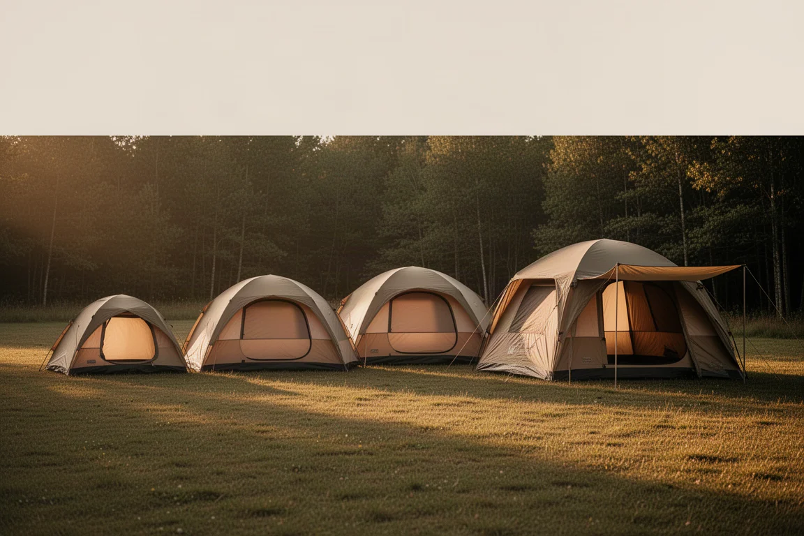 Four camping tents of increasing size arranged on a grassy clearing at golden hour