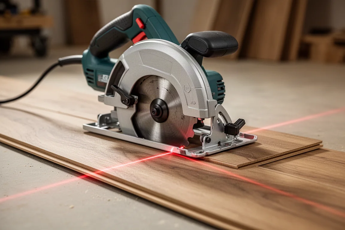 Close-up de uma serra circular compacta com uma linha de laser vermelha projetada sobre uma tábua