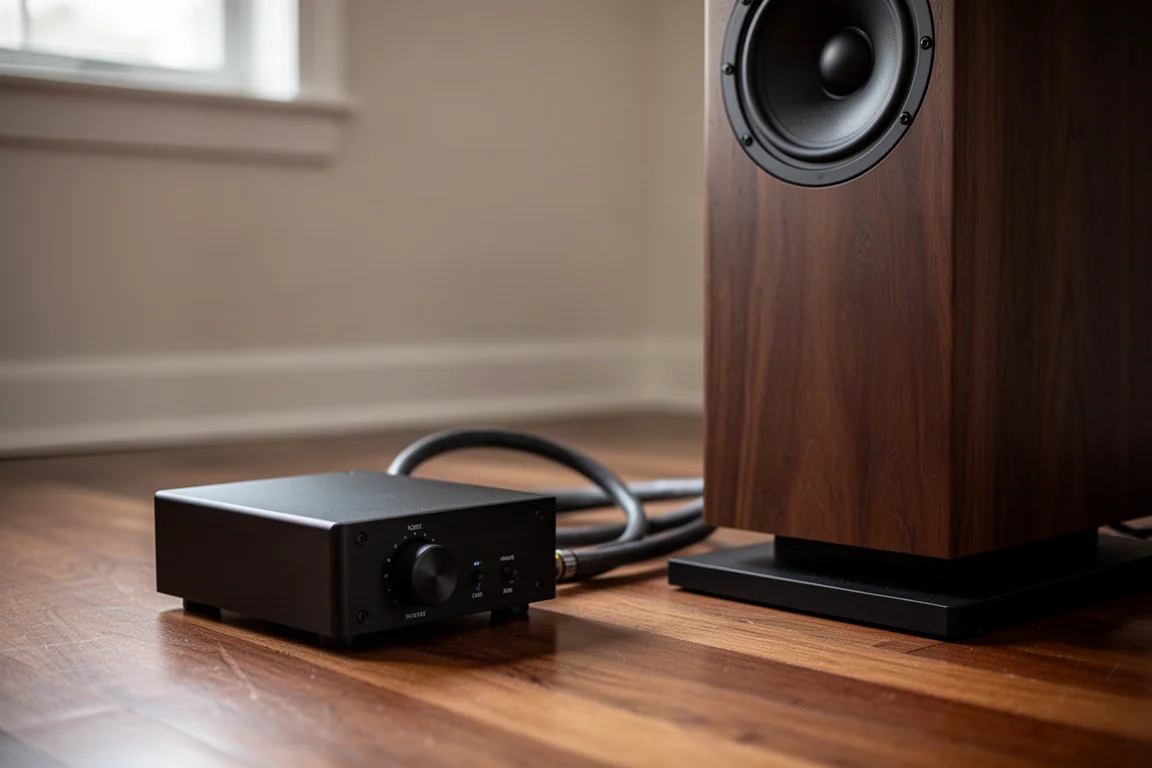 Amplificador compacto negro mate colocado en un suelo de madera junto a un altavoz de torre