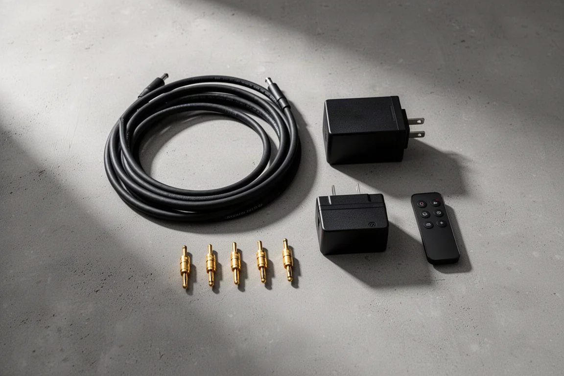 Vista superior de cables de altavoz, conectores banana, una fuente de alimentación y un pequeño mando a distancia