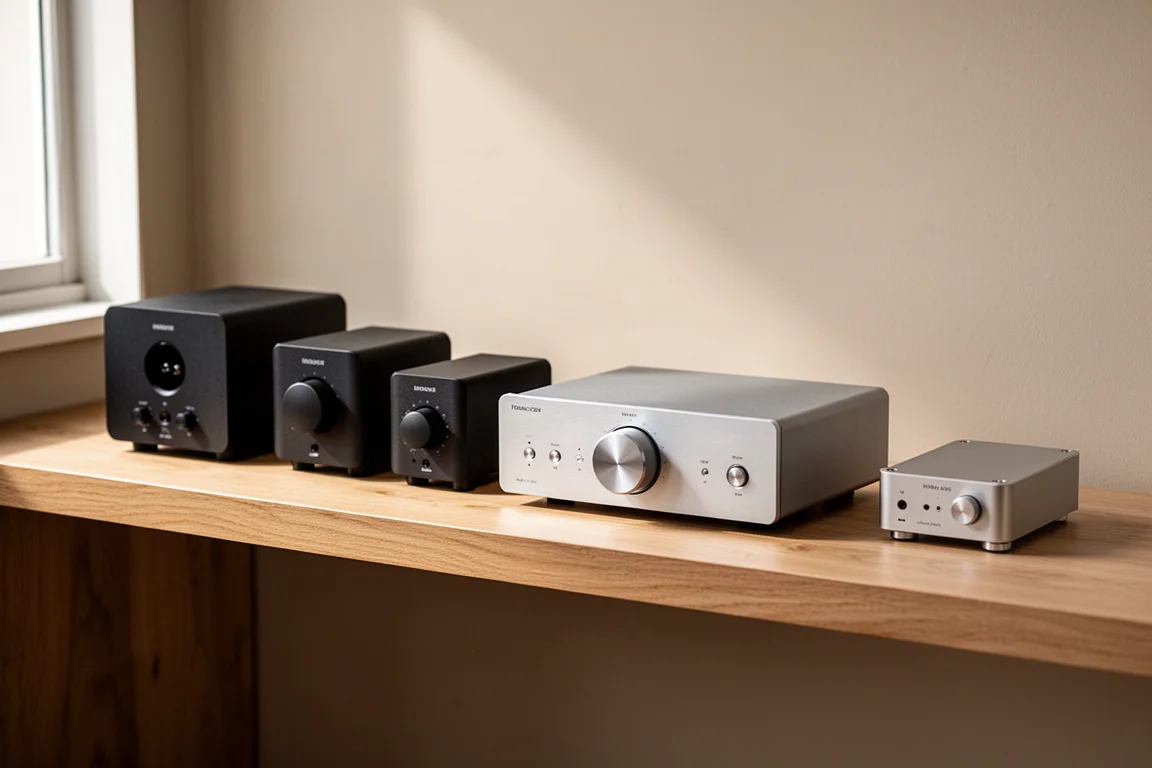 Compact hi-fi amplifiers and a small DAC arranged on a light oak shelf