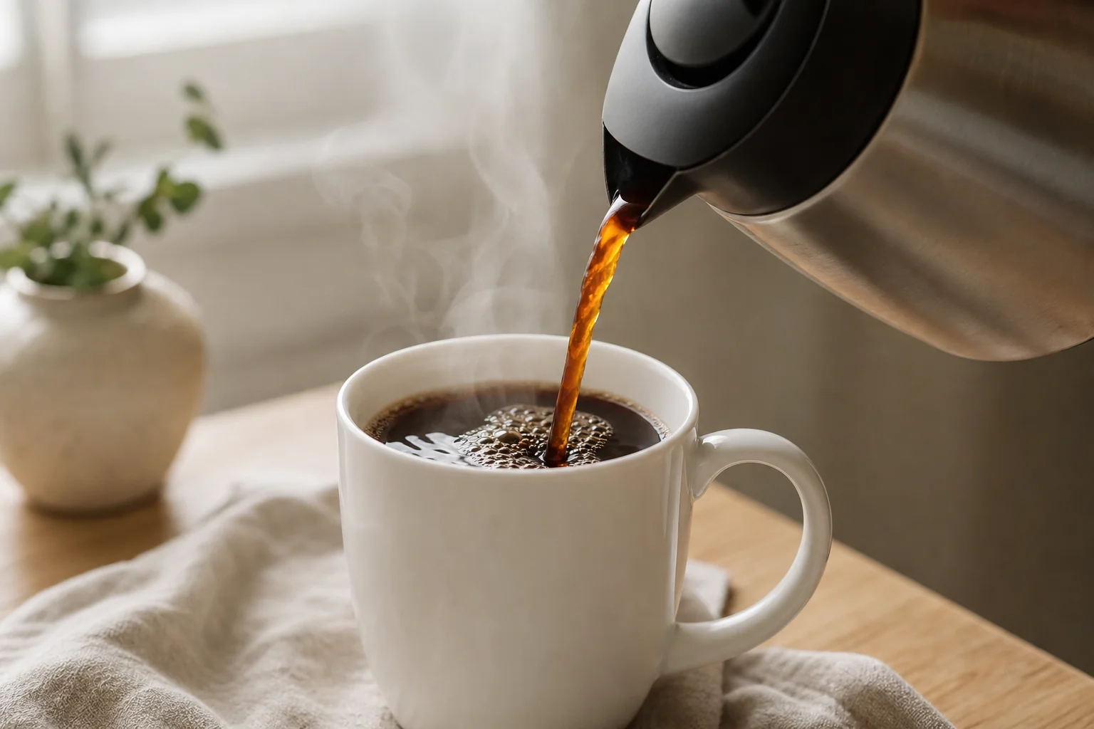 Coffee being poured from thermal carafe into white ceramic mug