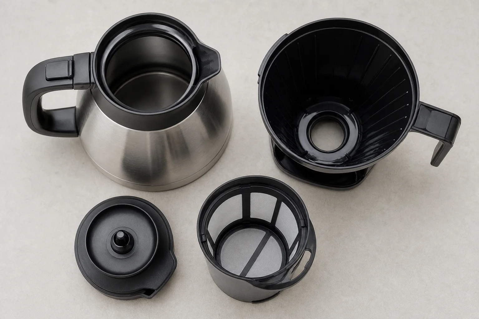 Disassembled coffee maker components laid out for cleaning