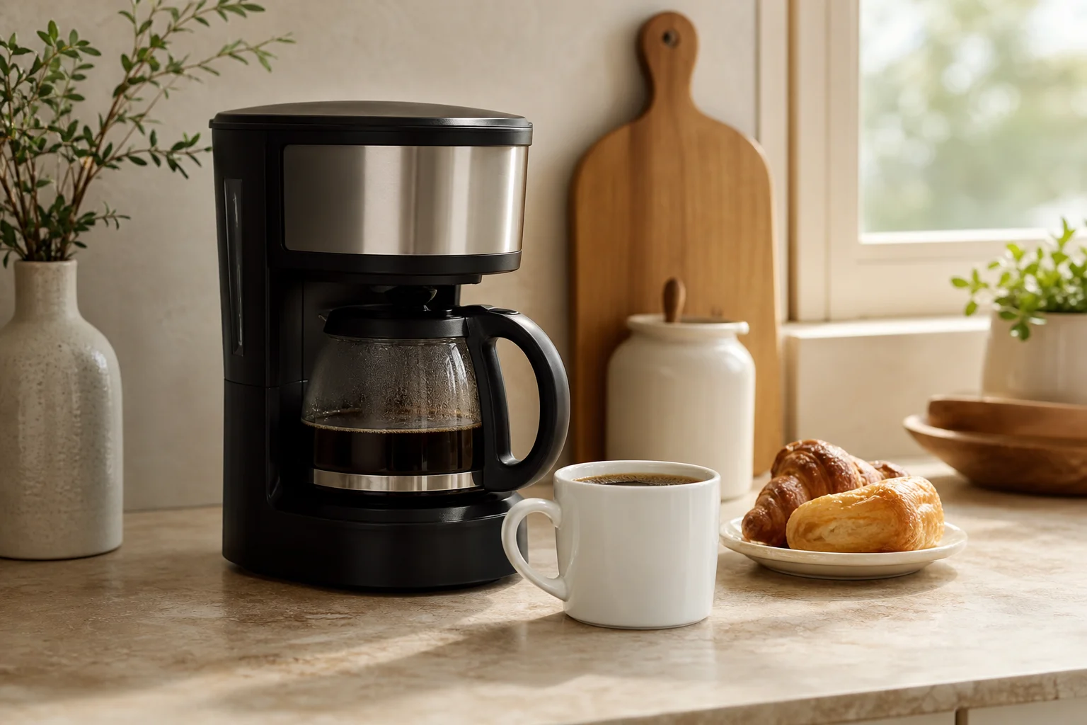 Morning kitchen scene with coffee maker and fresh cup on countertop