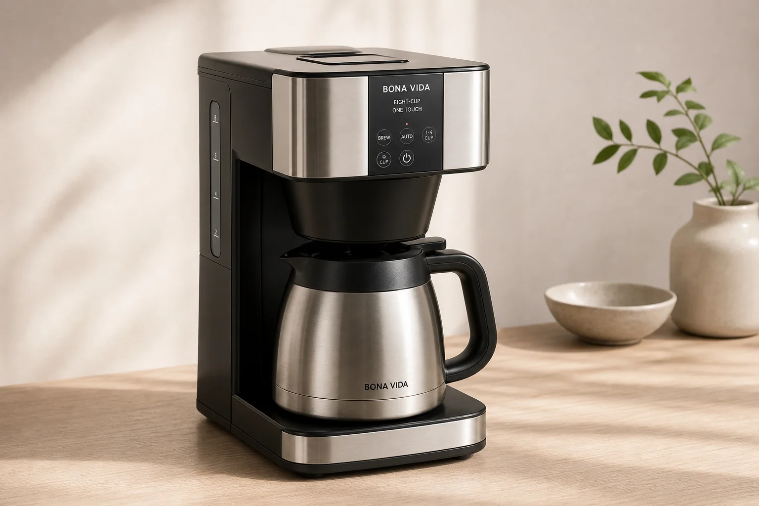 Bona Vida Eight-Cup One Touch coffee maker with thermal carafe on wooden countertop