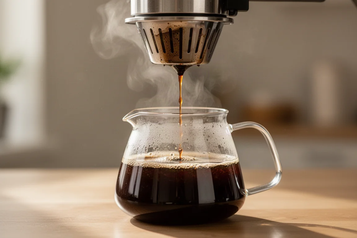 Färskt kaffe droppar från ett bryggkorg i en glaskanna