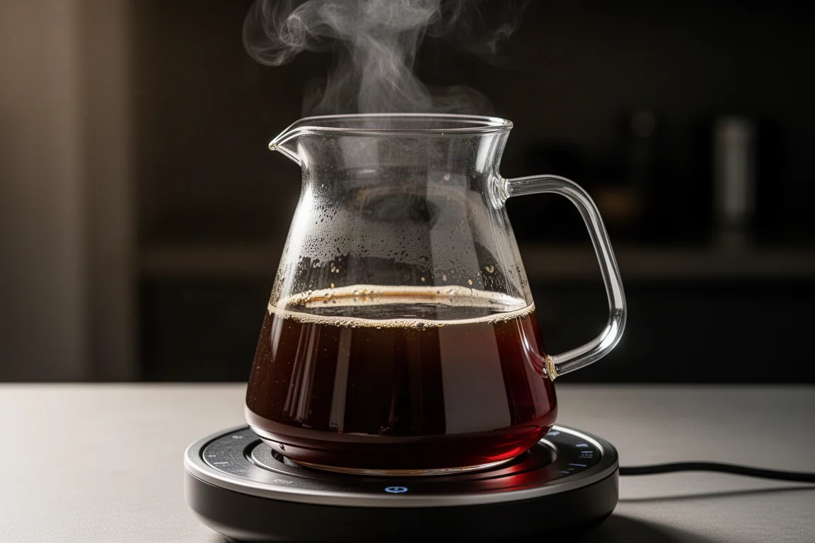Ånga stiger från en full glaskanna med nylagbryggt kaffe