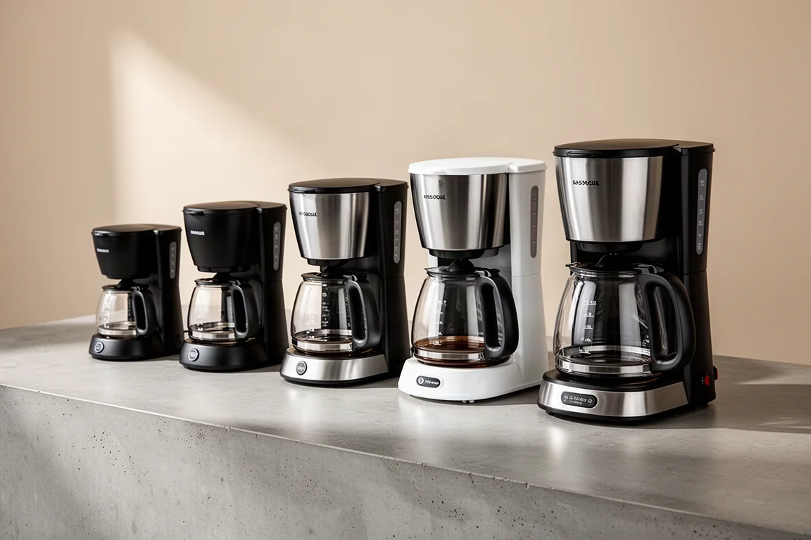 Row of drip coffee makers of different sizes on a concrete countertop