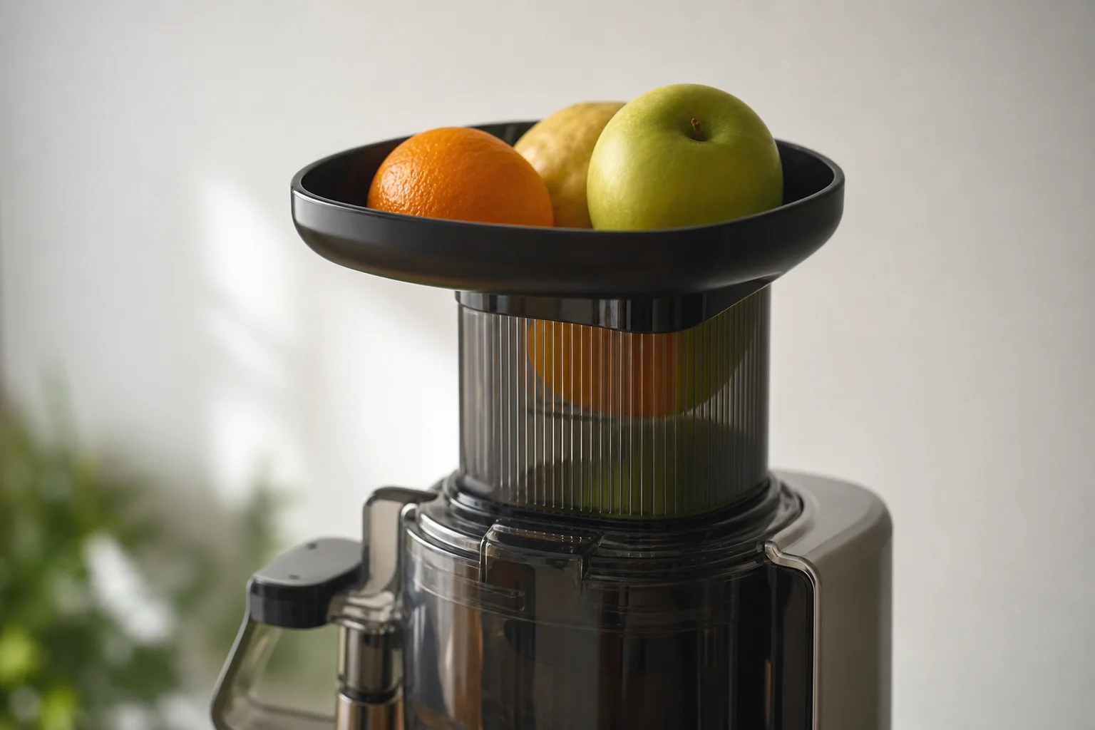 Close-up of a juicer hopper showing whole fruits being fed into the machine