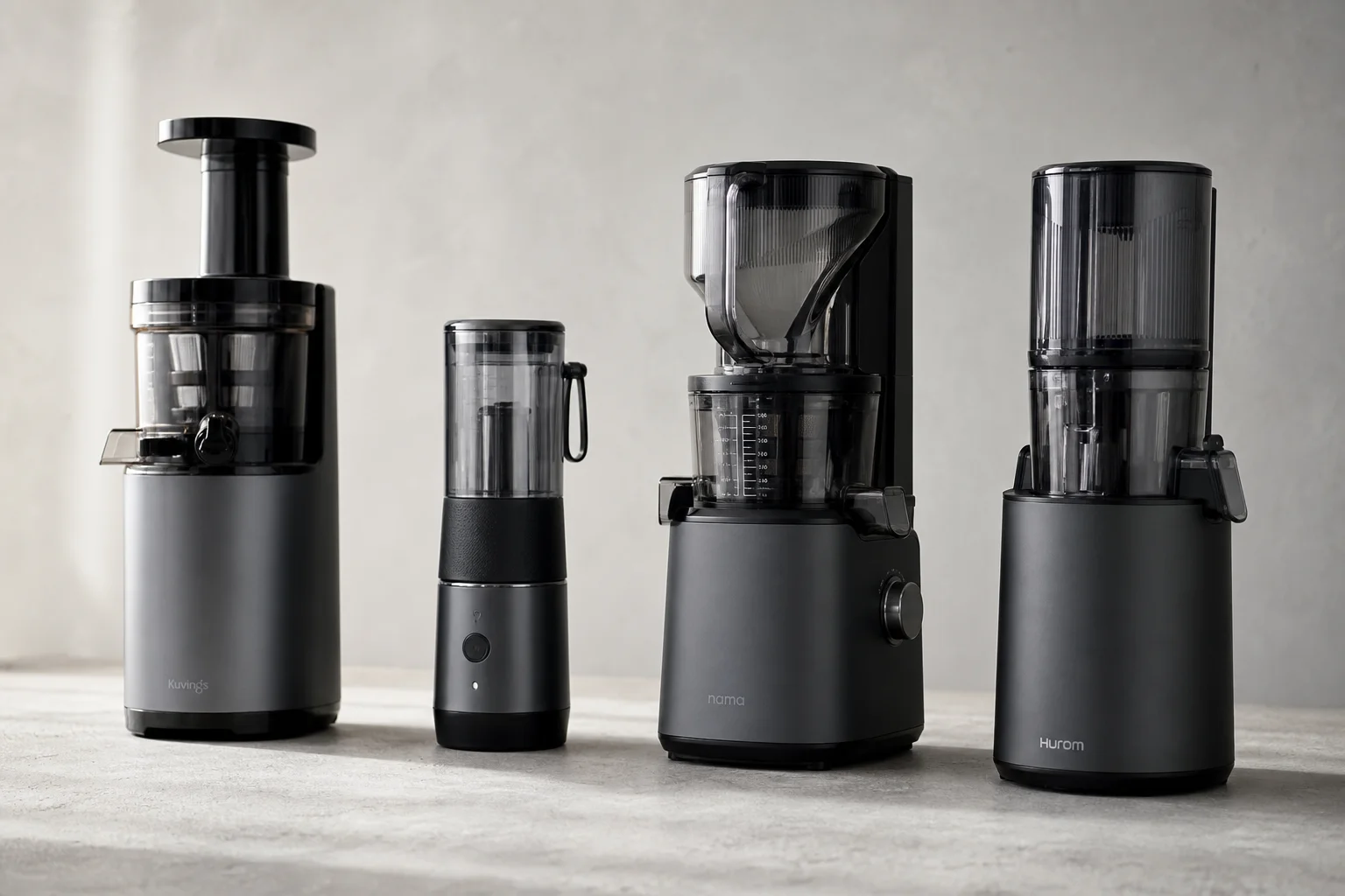 Fyra kallpressjuicers uppställda på en betongyta som visar olika storlekar och designer