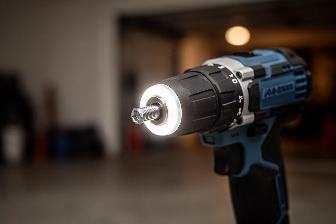 Slagschroevendraaier met ringlicht verlicht een bevestiging in een donkere garage
