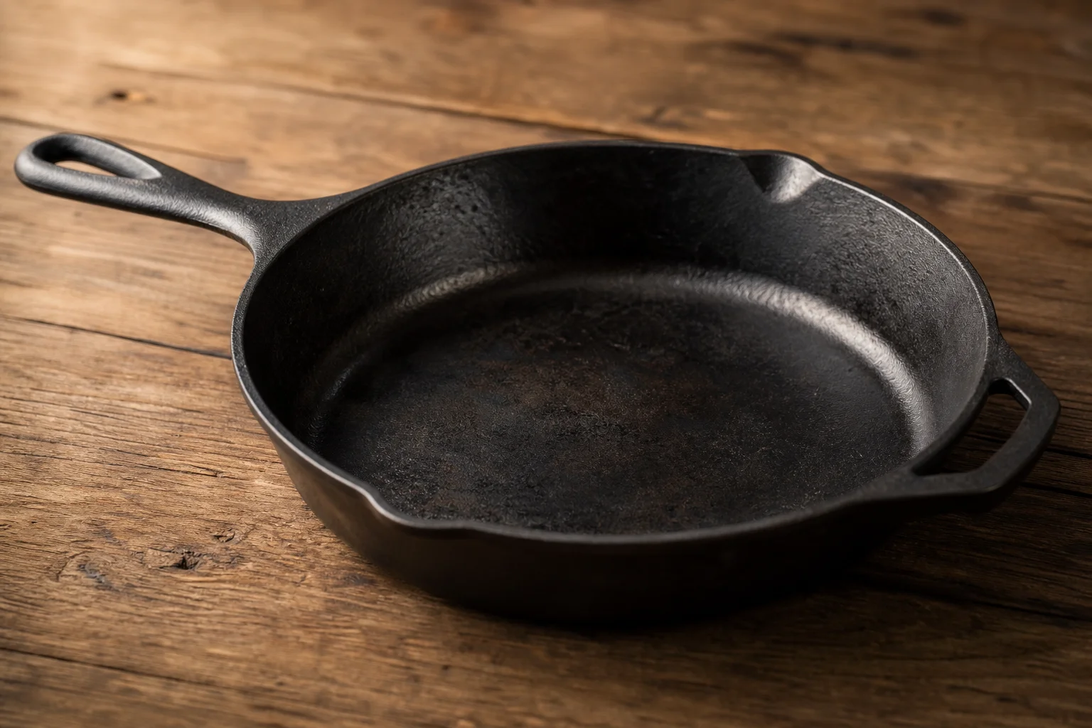 Gjutjärnspanna med inbränd patina på en träyta