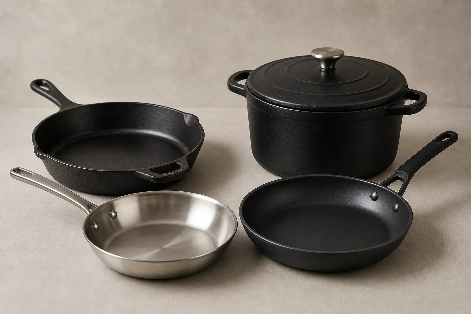Samling av prisvärd köksutrustning inklusive rostfritt stål, gjutjärn, non-stick och emaljerade pannor