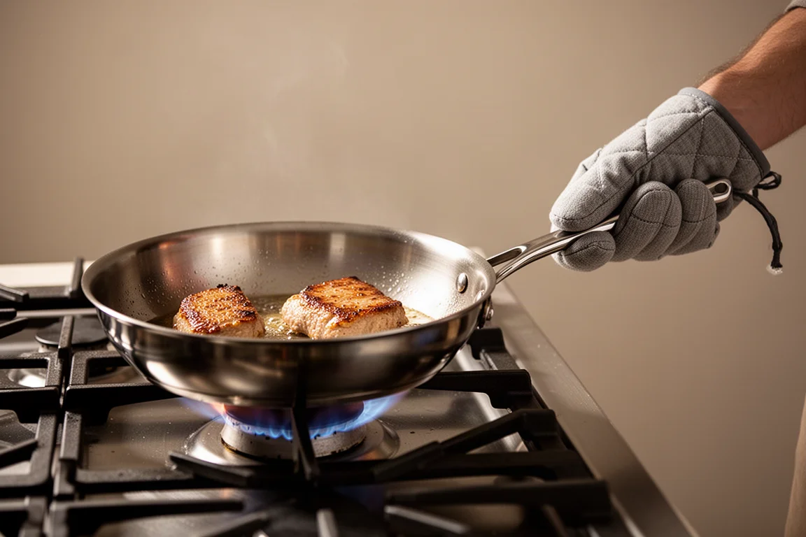 Ein Koch kippt eine Edelstahlpfanne über einer Stovetop-Flamme, um Lebensmittel anzubraten